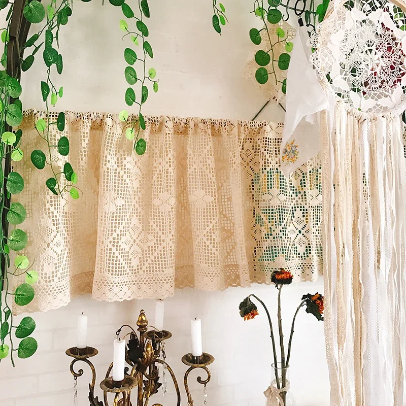 

American Country Cotton Crochet Kitchen Half Curtain Coffee Window Curtain