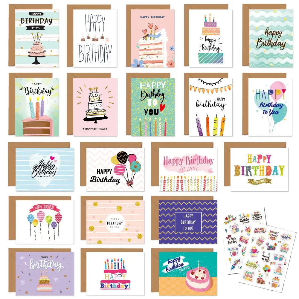 Assorted Happy Birthday Greeting Cards and Envelopes Set - 20 Handwritten Folded Cards