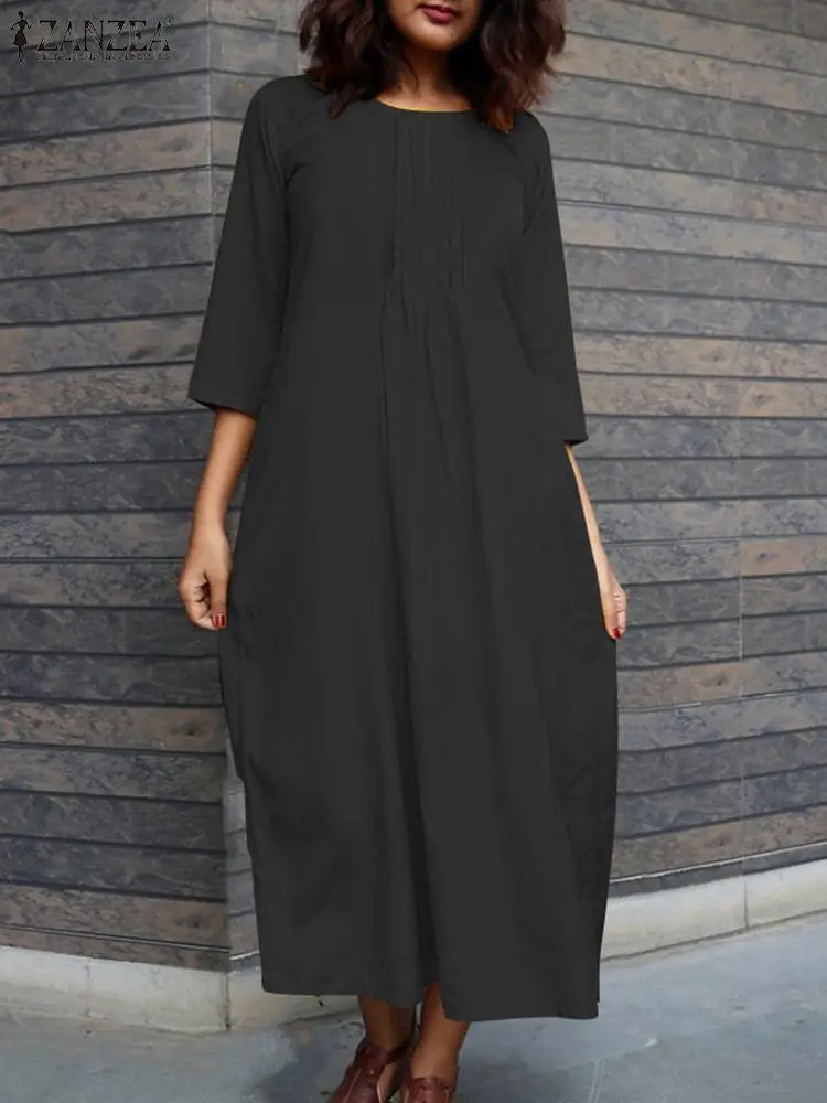 

ZANZEA Casual Women Maxi Dress 2023 Autumn 3/4 Sleeve Dresses Vintage Pleated Solid Vestidos Fashon Loose Round Neck Long Robe