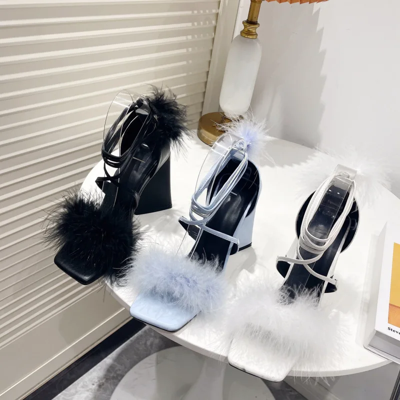 

New Summer Women's High Heel Sandals Triangle Thick Heel Sandals Strappy Open Toe Furry High Heels