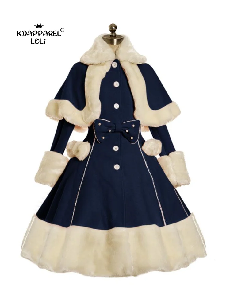 Lolita Dress Suit Women Winter Fur Collar Shawl & Bow Vintage Gothic Victorian Warm Thick Cute Girls Full Sleeve Spring Autumn