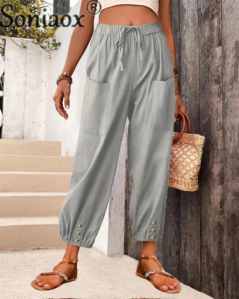 Trend Solid Color High Waist Lace-up Wide Leg Pants Female Summer Casual Loose Splice Pocket Button Nine Quarter Trousers Women