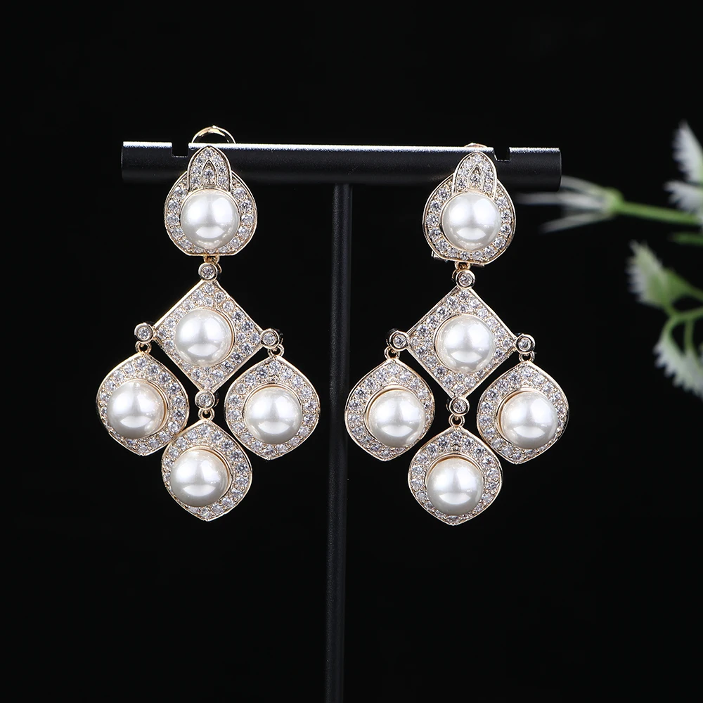 

Luxury Round Square Pearl Leaf Dangle Earrings For Women Wedding Cubic Zircon Crystal Dubai Bridal Earrings Jewelry A0165