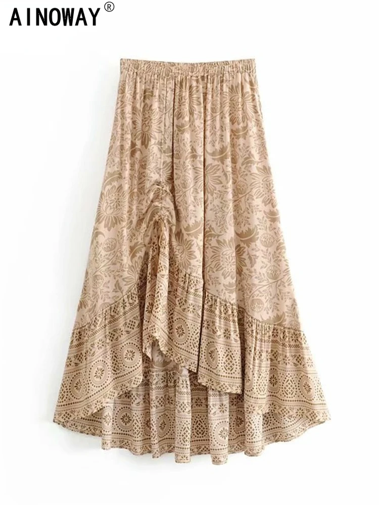 Elegant Women Desert Floral Printed Tassel Elastic Waist Bohemian Maxi