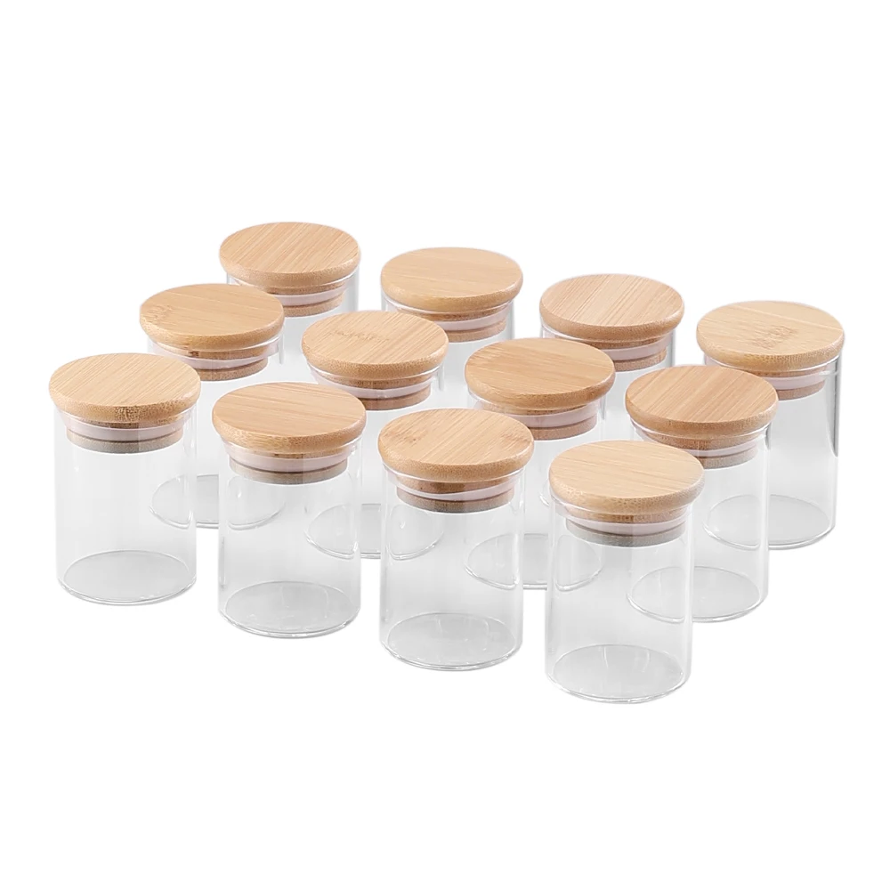 12Pcs Glass Spice Jar Set with Bamboo Lids Kitchen Storage Bottle: 3 - 5 Days Free Delivery Only UK