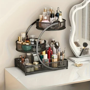 1pc Painted Bronze Metal Cosmetic Rack: Portable Countertop, No Assembly, Modern Style, for Lipsticks & Skincare 1