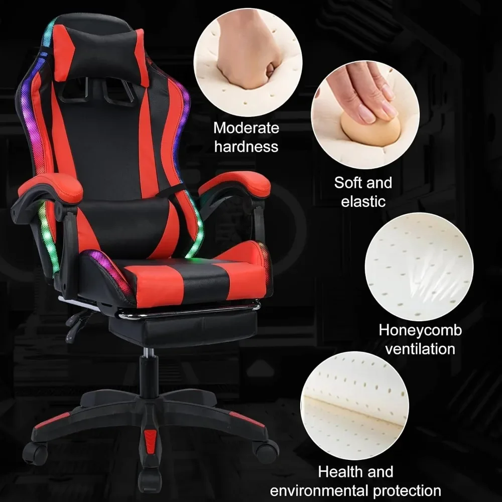 Gaming Chair w Bluetooth Speakers RGB LED Lights,Ergonomic，Footrest,Height Adjustable Adults w Back Lumbar Support Red 3