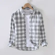  Men Clothing 2022 Autumn New Japanese Style Fresh Plaid Long-sleeved Shirt Men's Casual Loose Lapel Trend Men's Shirt 
