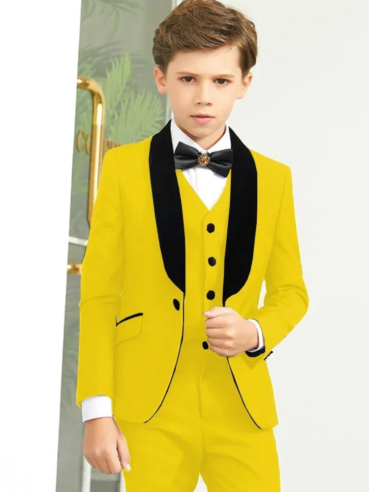Blue Flower Boys Suits Dress Set Children Wedding Party Birthday Gift Elegant Gentleman Tuxedo Shawl Lapel Jacket+Vest+Pants