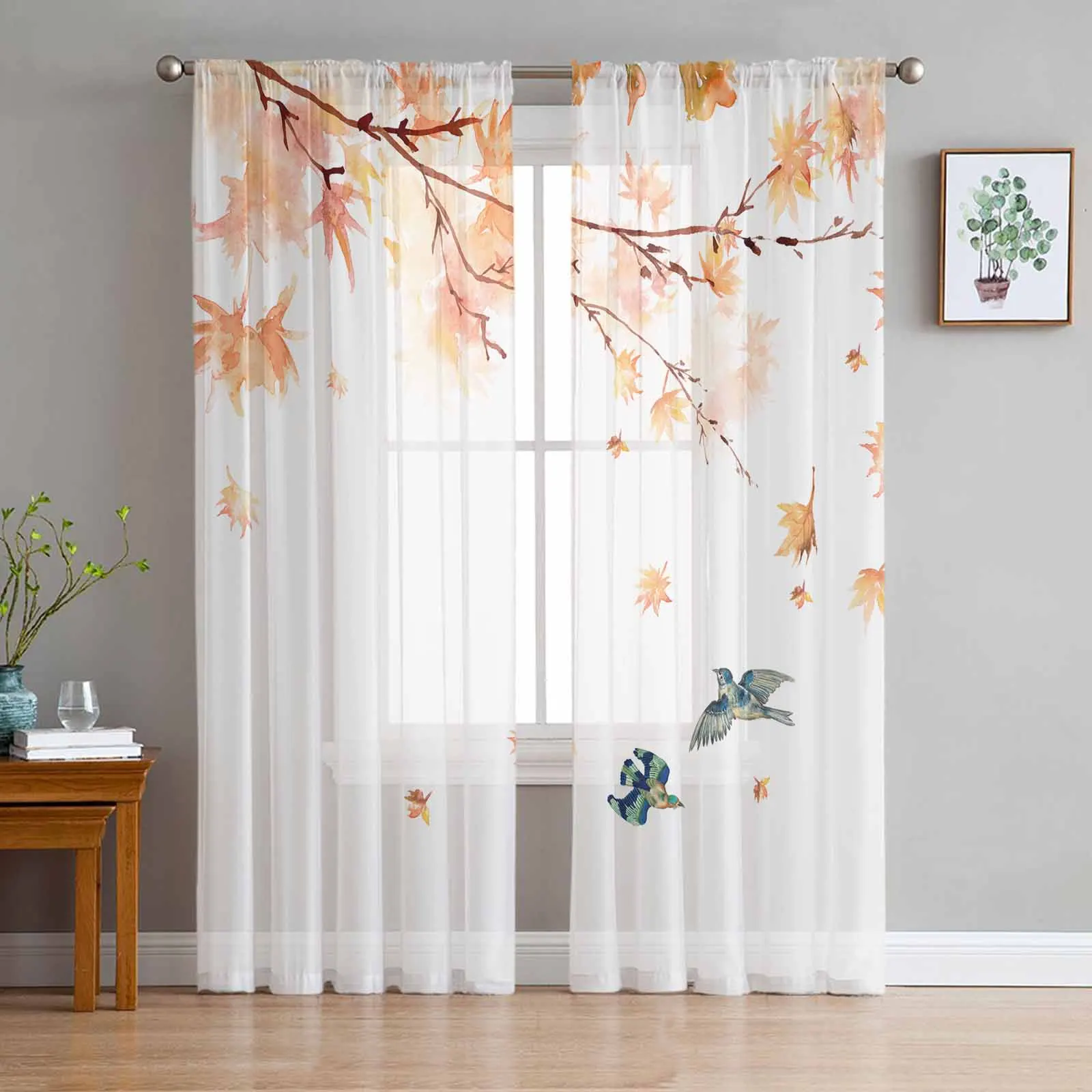 

Maple Branches Birds Animals Plants Watercolors Sheer Curtains for Living Room Home Decor Tulle Curtain Bedroom Voile Drapes