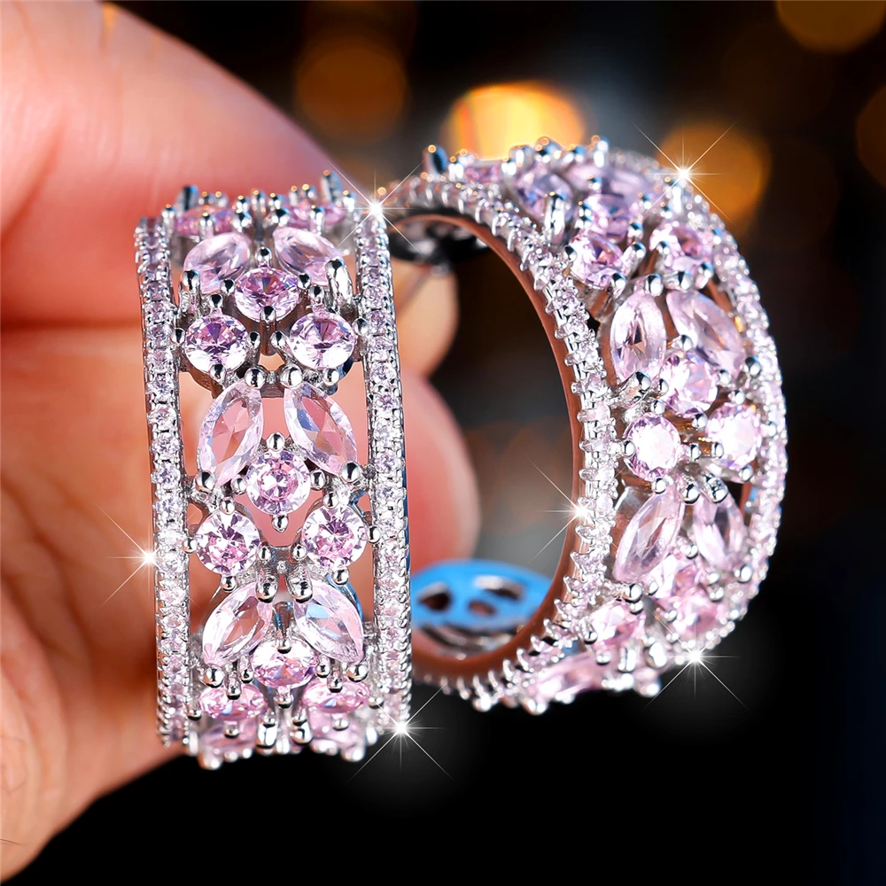 Luxury Female Red Green Purple Zircon Crystal Stone Stud Earrings Big Charm Silver Color Wedding European Jewelry For Women