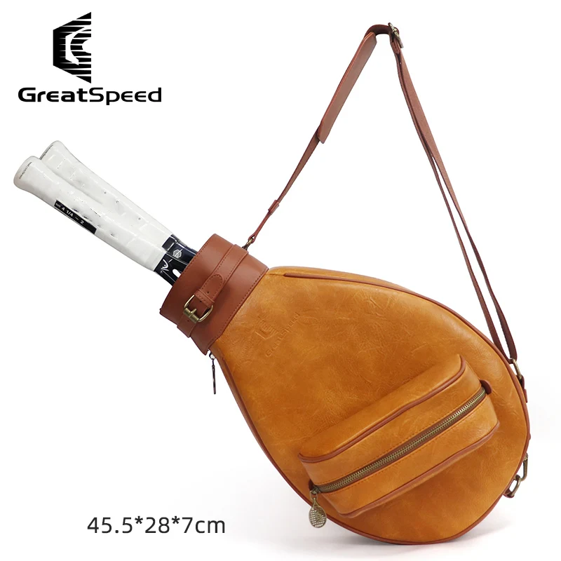 Greatspeed Retro Leather Backpack Tennis Bag Badminton 2-Rackets Tennis Handbag Outdoor Tennis Racket Bag Sports Single Shoulder 6