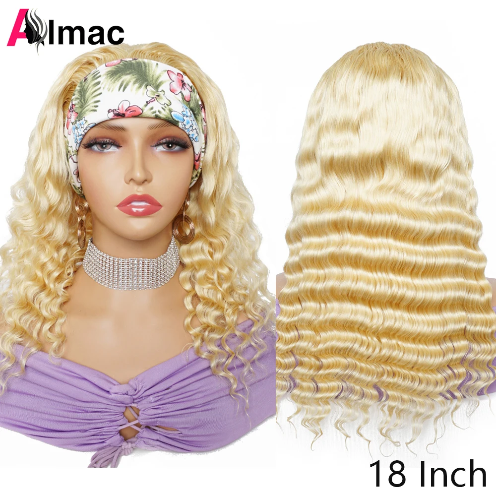 Put And Go 613 Honey Blonde Deep Wave Headband Scarf Wig For Women Indian Remy Human Hair Wigs Full Machine Made 12-26 Inch