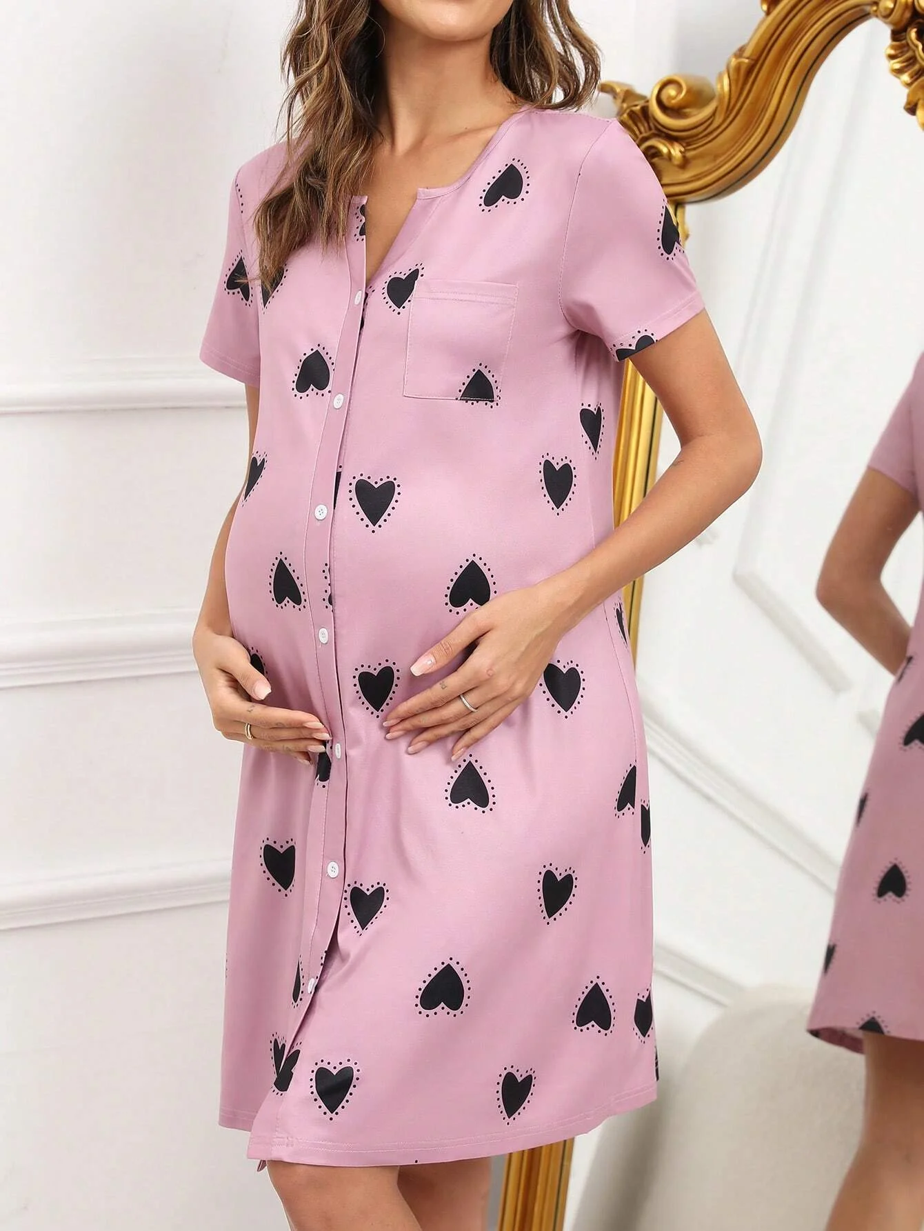 Cotton Pajama Set Maternity Nightgown Set Summer Home Clothes Set Pregnant Women's Home Pajamas Pink Short Sleeved Skirts Dresses