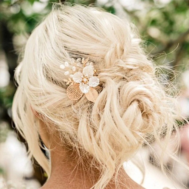 Gold Or Silver Pearl Flower Leaf Crystal Hair Comb Pin Band For Women Bride Wedding Bridal Hair Accessories Jewelry Comb Gift