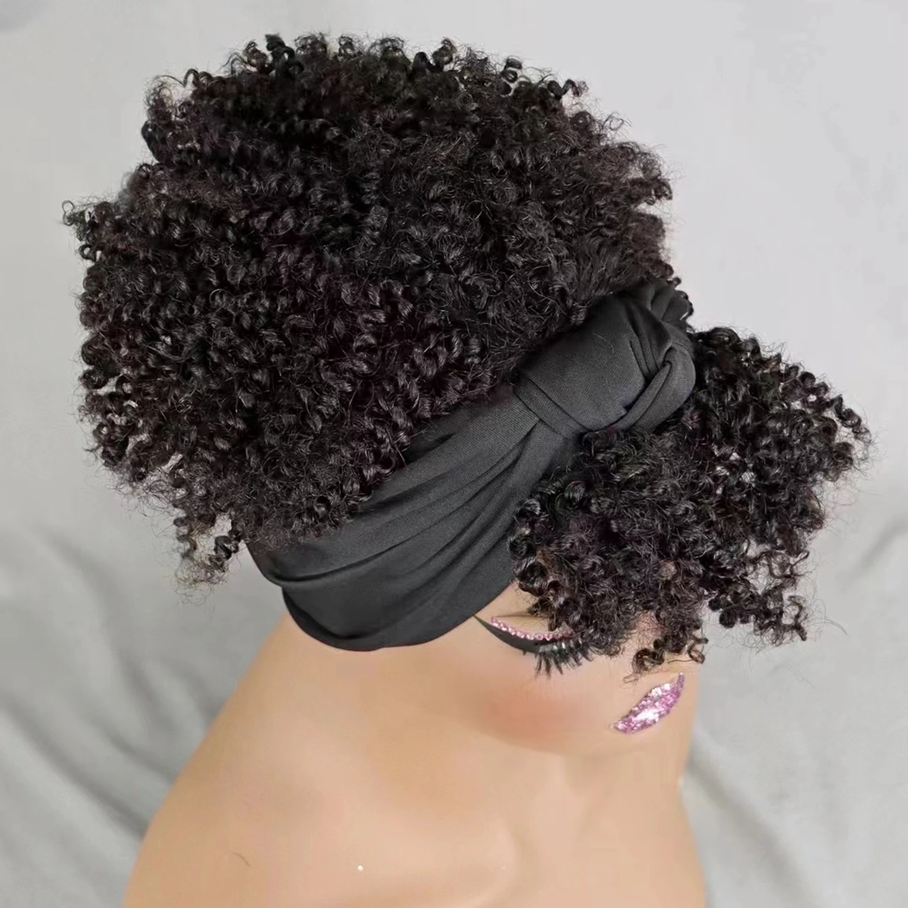 200% 밀도의 기계식 풀메이드 가발 스카프 가발 (앞머리 포함) 자연스러운 아프로 곱슬머리 짧은 인모 가발 (흑인 여성용, 프리플럭킹 처리)