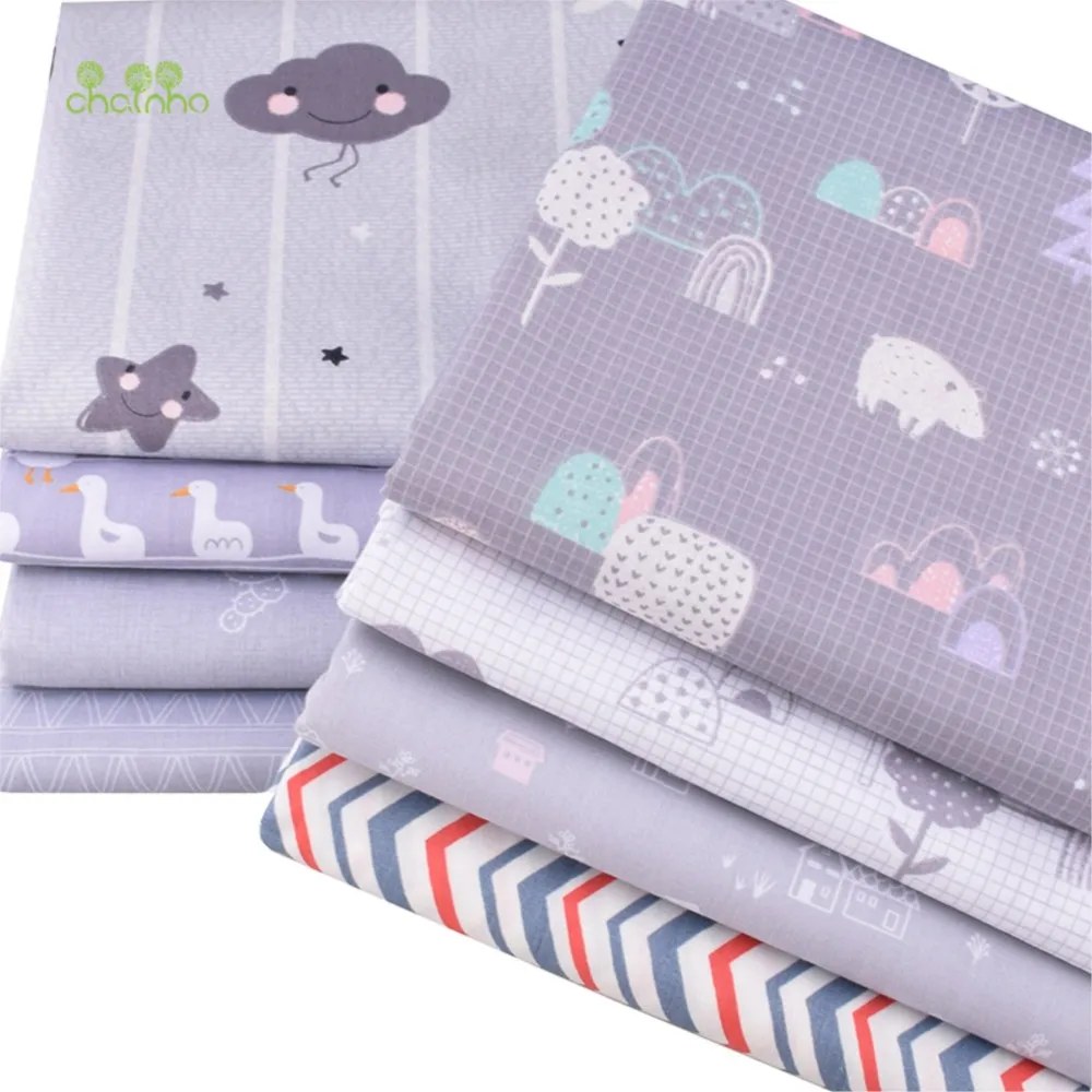 Chainho,Printed Twill Weave Cotton Fabric,Patchwork Cloth,DIY Sewing Quilting Material,Gray Cartoon Serie,8 Designs,2 Size,QC345
