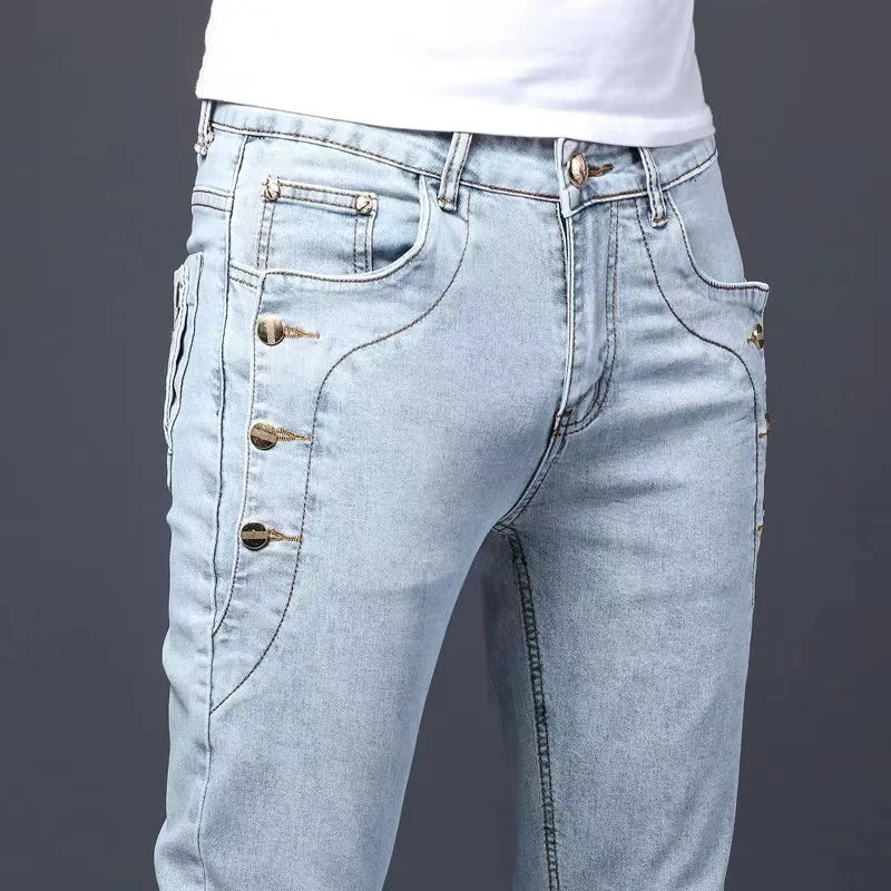 

3 Colors 2023 Men Cotton Jeans High Quality Korean Style Stretch Slim Fit Denim Pants Fashion Button Skinny Pants Male Trousers