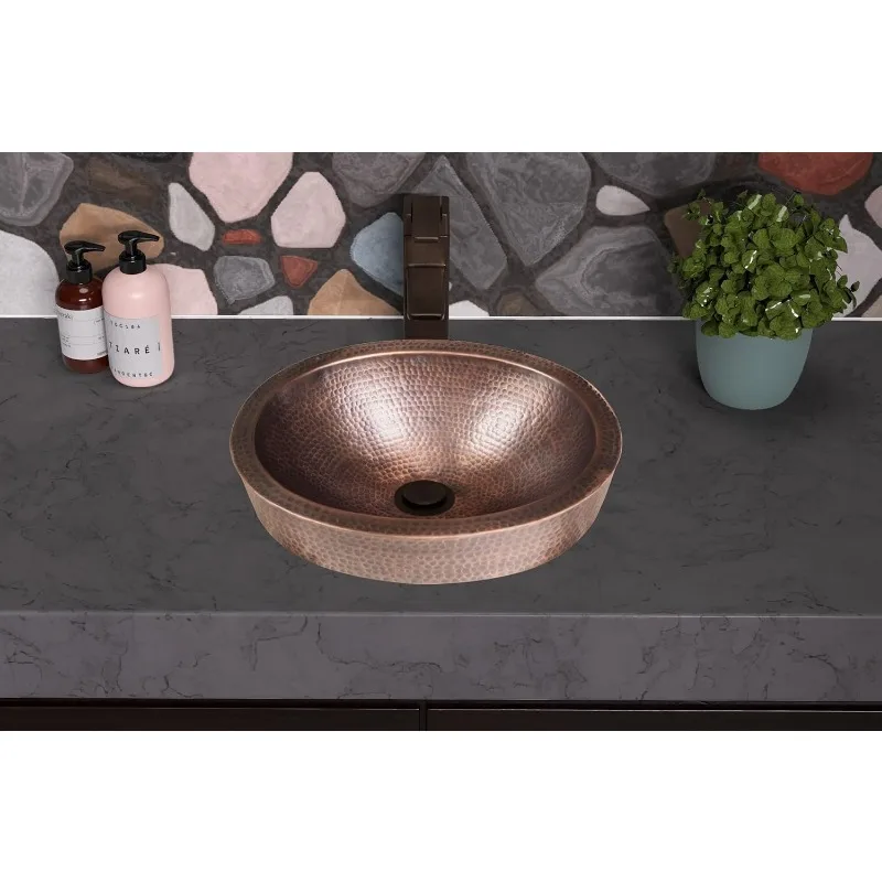 17004 Pure Copper Hand Hammered Oval Skirted Bathroom Vanity Sink (17 inches),Matte Black,Classic White 4