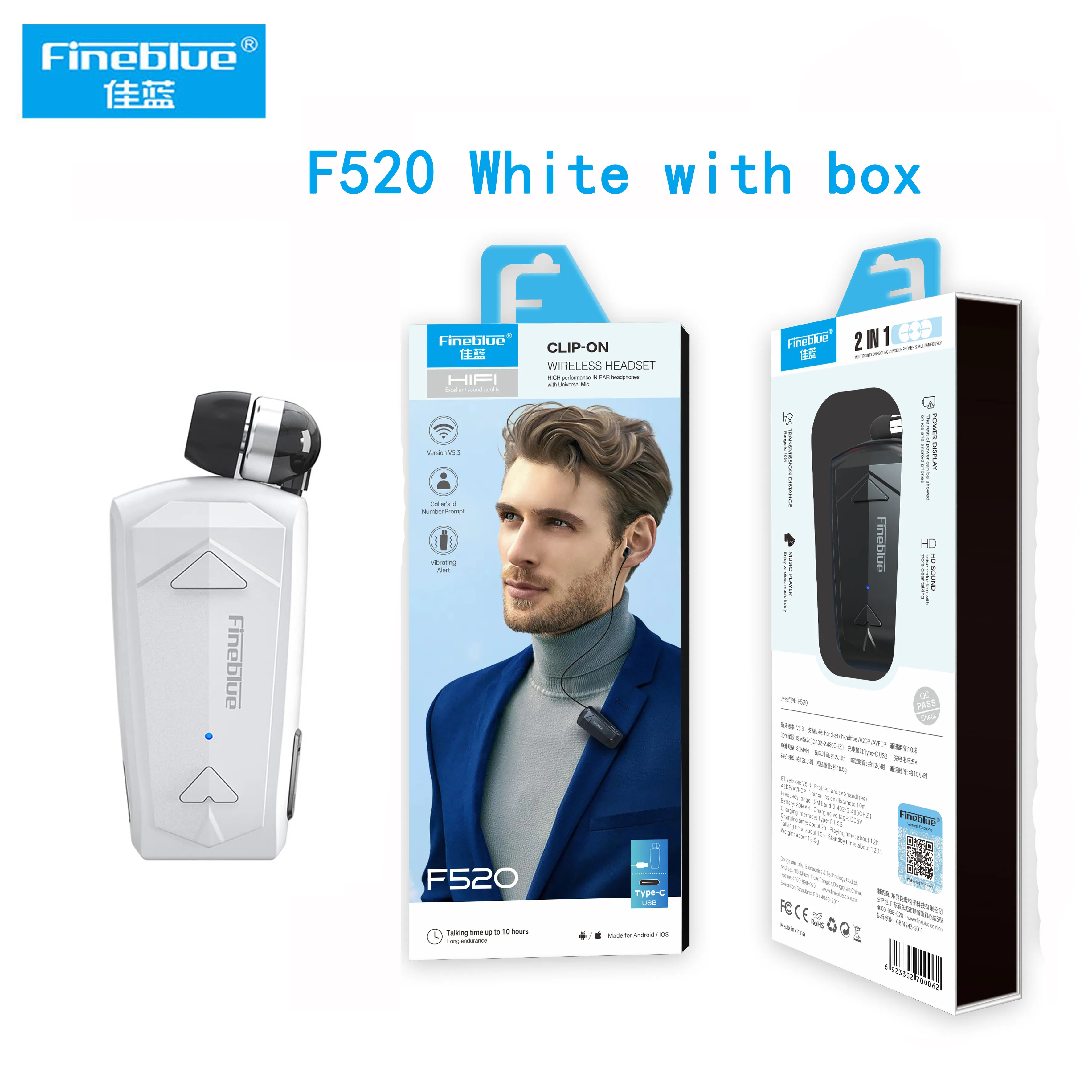 Fineblue F520 Mini Wireless Bluetooth Earphone with Retractable Design and Call Reminder Vibration