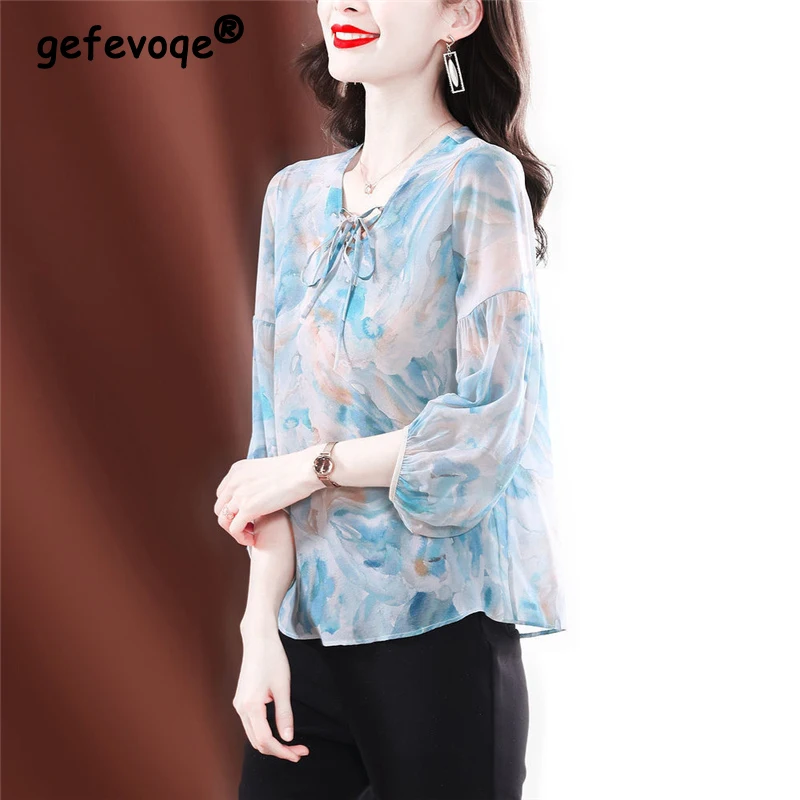

Womens Clothing 2023 Summer Trendy Print Lace Up Chic Blouse Sweet V Neck 3/4 Sleeve Loose Street Shirt Chic Chiffon Tops Blusas