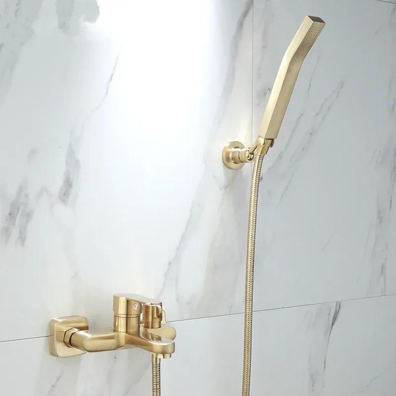 Bathtub Shower Set Wall Mounted Brushed Gold Bath and Faucet, Bathroom Cold and Hot Bath and Mixer Tap Brass