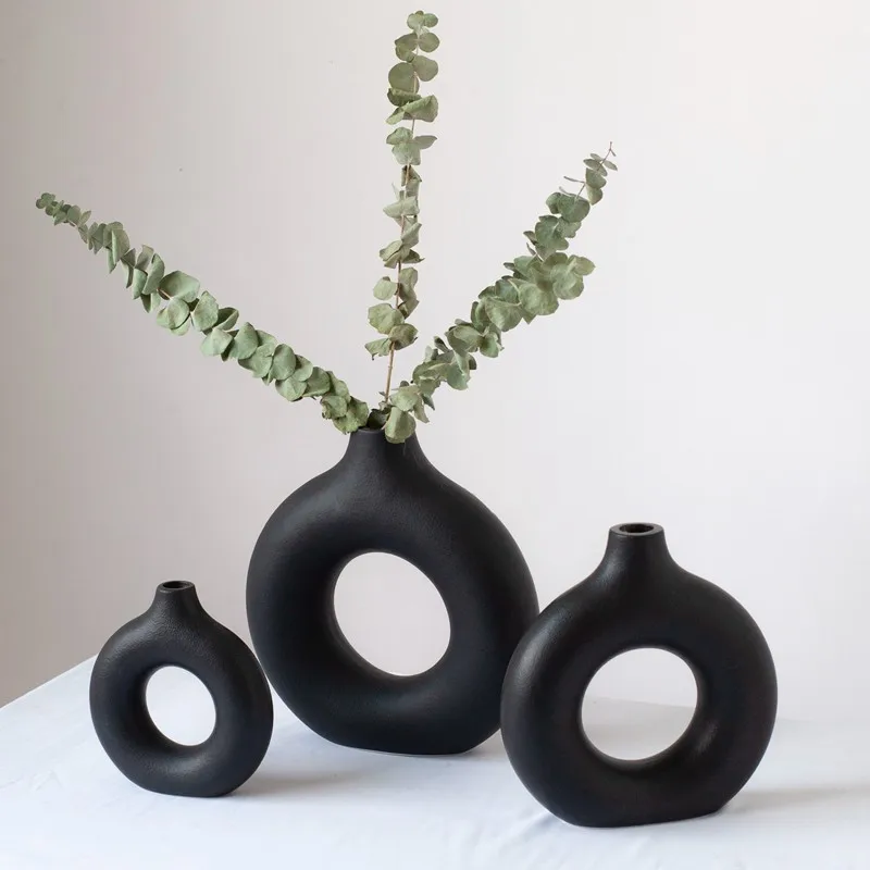 VILEAD Black Circular Hollow Ceramic Vase Donuts Nordic Flower Pot Home