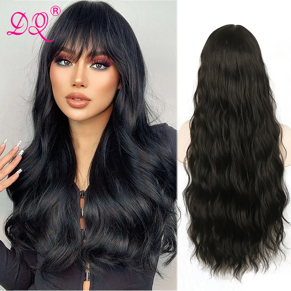 

DQ Long Wave Wigs With Bangs Nature Kinky Synthetic Wig Heat Resistant Fiber For Black Women Cosplay Wig Mix Pink 28 Inches