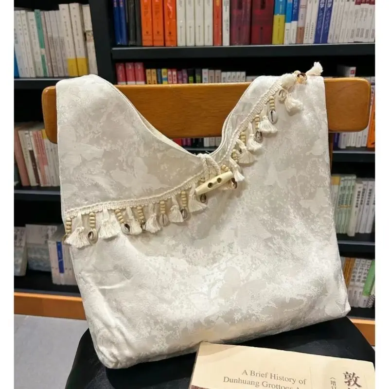 JIAERDI Fairycore Aesthetic Beige Messenger Bag Women Chinese Style Tassel Embroidery Y2k Bags Female Versatile Casual Handbag