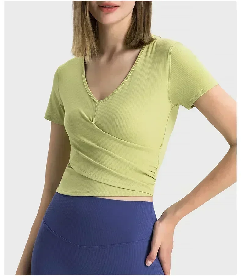 Lemon Women Yoga Gym Shirts Outdoor Jogging Fitness Sport Crop Top Womens Clothing Ribbed T-Shirts Folded Waist Sportswear