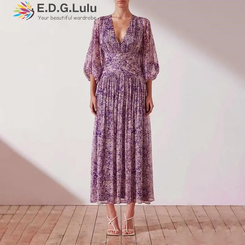 

EDGLuLu Leisure Beach Bohemia Purple Floral Print Dress Women Elegant V-Neck Lantern Sleeves Long Dress Vacation Vestidos 0903