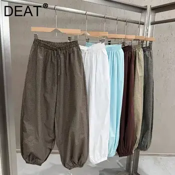 DEAT 2026 Early Summer New Casual Female Loose Plaid Drawstring High-waisted Wide-leg Pants For Women Long Trousers 11B1308