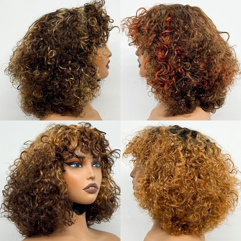 250% Density Water Wave Short Bob Human Hair Wigs With Bang Honey Blonde Ombre Color For Black Women Full Machine Made Wigs