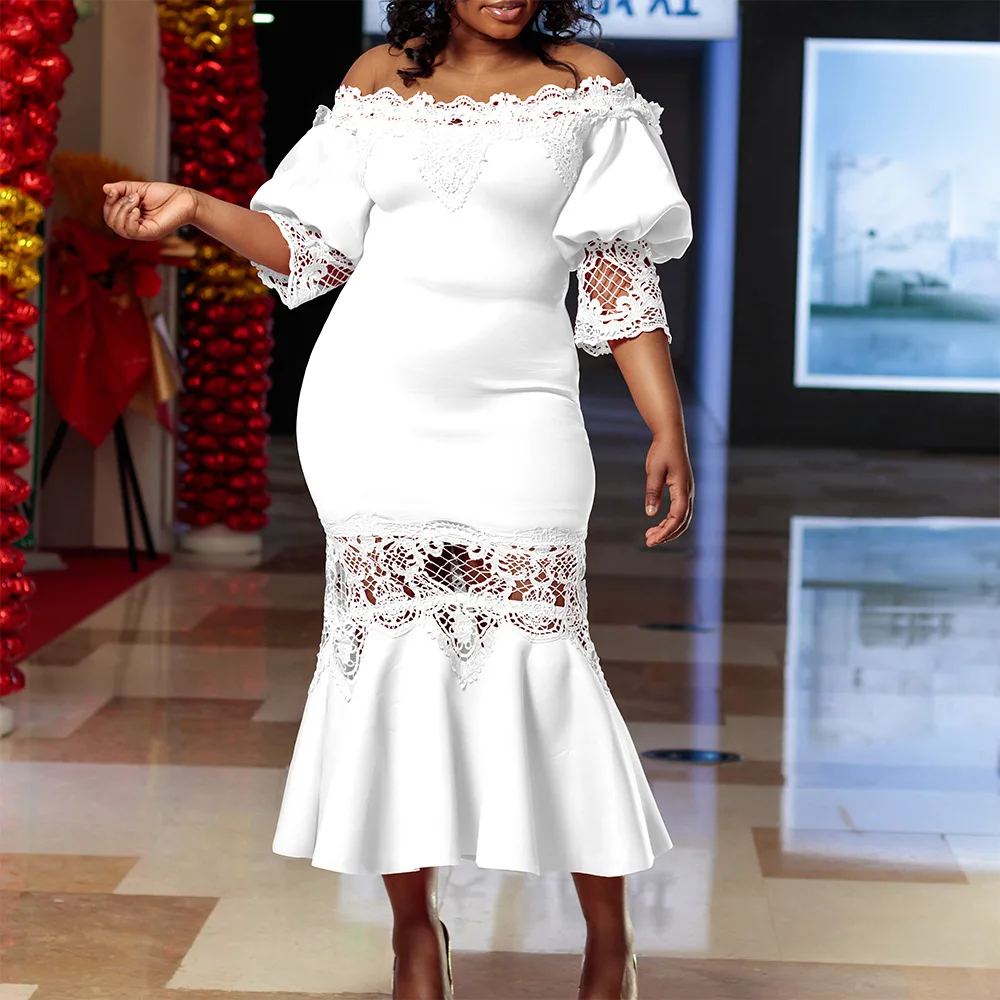 Plus Size Lace Women Dress Hollow Out Elegant Club Outfit Casual Luxury Wedding Gown 2023 Summer Evening Party New In Dress
