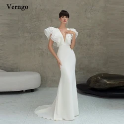 Verngo Elegant Stretch Satin Mermaid Wedding Dresses V Neck Cape Sleeves Tiered Floor Length Women Bride Gowns Robe de mariage