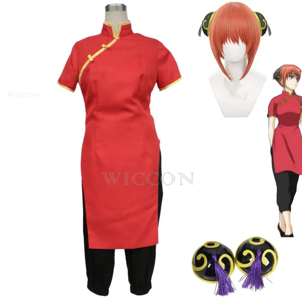 

Костюм для косплея Кагура из аниме Gintama Intama Silver Soul, парик, тренировочная одежда в китайском стиле, красное платье, головной убор, женский костюм