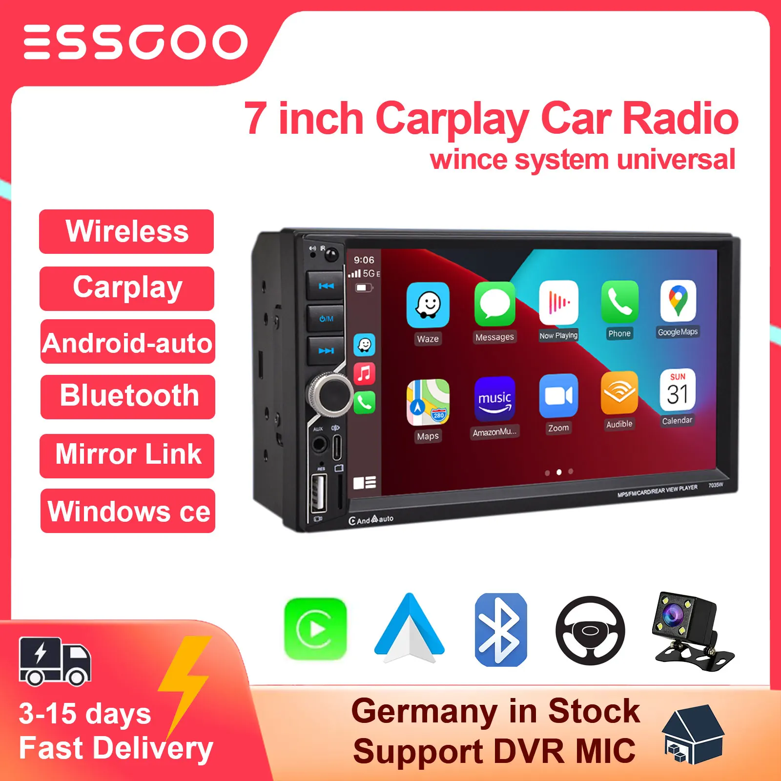 Автомагнитола ESSGOO 1Din, MP5, 7 дюймов, сенсорный экран, Bluetooth