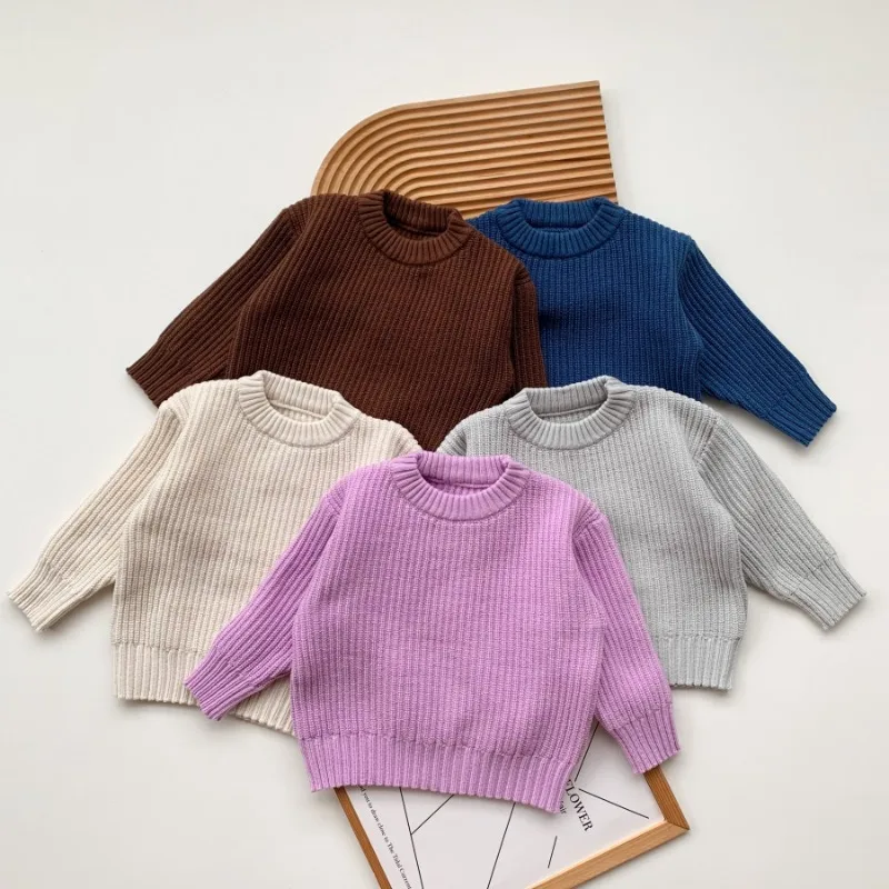 

2024 Autumn Winter Kids Boy Knitted Long Sleeve Sweaters Girls Solid Loose Pullover Casual Tops Kids Outwear Knitwear Clothes