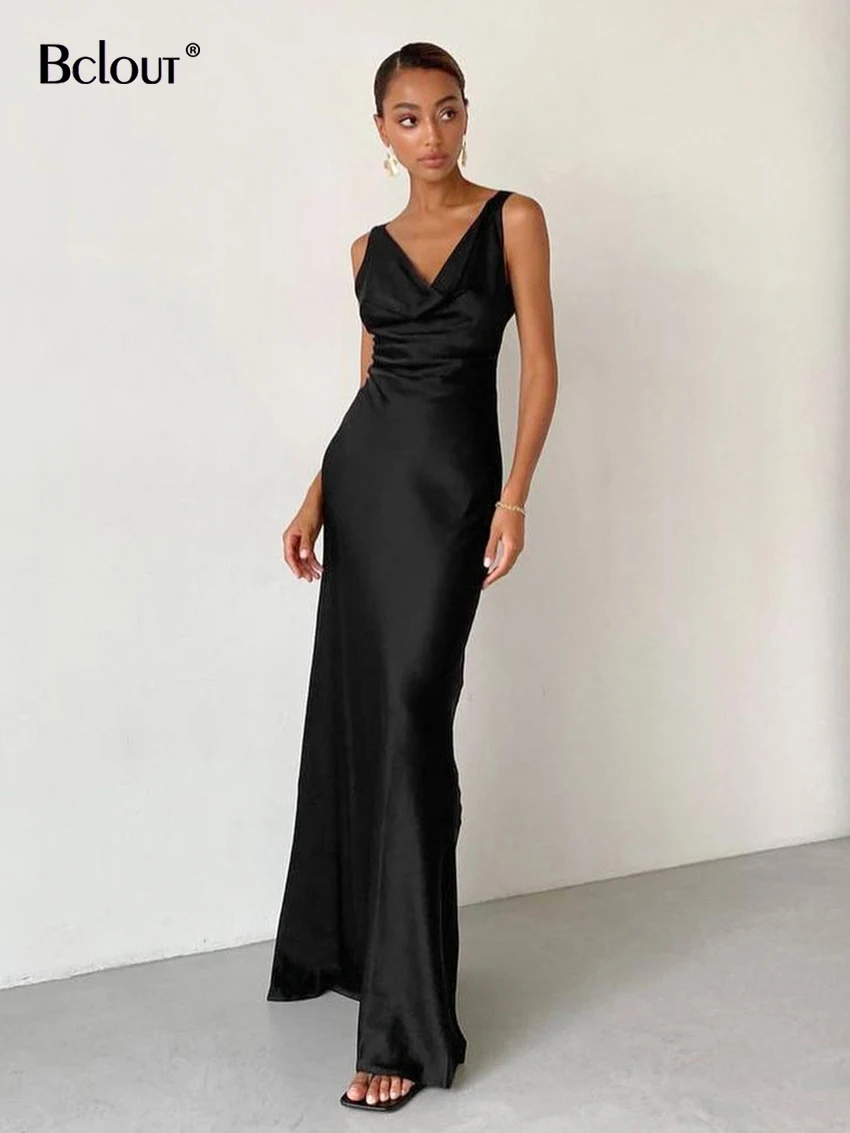 

Bclout Fashion Black Satin Long Dress Women 2023 Elegant V-Neck High Waist Evening Dresses Sexy Backless Party Satin Floor Dress