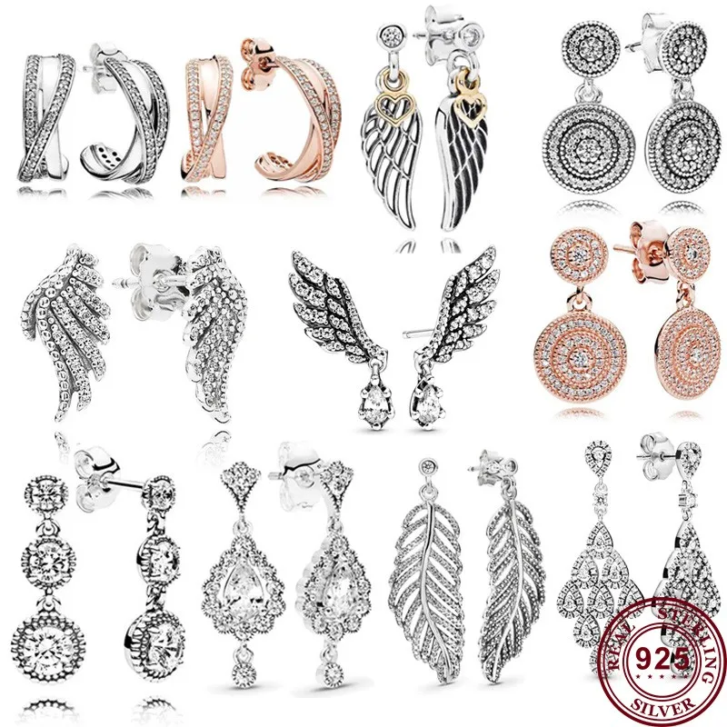 Hot Selling 925 Sterling Silver Shining Feather Wings Original Women's Logo Earrings Wedding DIY Fashion Charm Jewelry