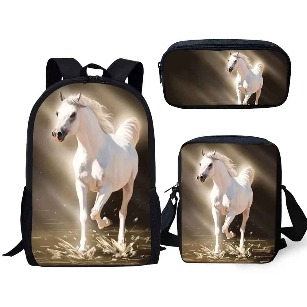 Cavalo branco 3D Print School Bags, Harajuku, Aluno, Mochila Laptop, Mochila, Bolsa de Ombro Inclinada, Estojo Lápis, Popular,