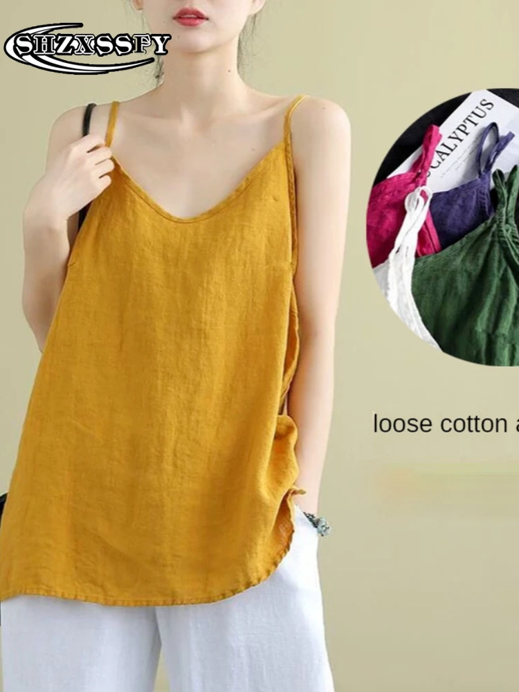 

Women's Tops Spaghetti Strap Camis Cotton Linen V Neck Loose Tank Tops Sleeveless Linens Loose Casual Women Summer Camisole