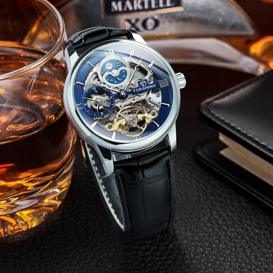 FORSINING Orologio Uomo Meccanico A Carica Automatica, Scheletrato Con Fasi Lunari E Doppio Fuso Orario, Tourbillon, Cinturino In Pelle