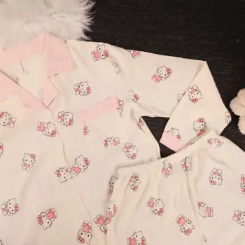  طقم بيجامات هالو كيتي للسيدات 2026 جديد لربيع وخريف بأكمام طويلة ملابس نوم مطبوعة برسوم كارتونية لطيفة ملابس منزلية بدلة خريف يابانية أنيمي 4