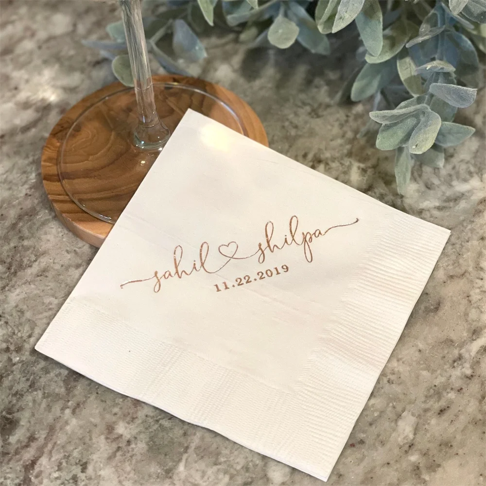 

50 Personalized Wedding Napkins, Names with Heart Rehearsal Dinner, Engagement Party, Custom Bar Napkins, Napkins for Wedding,