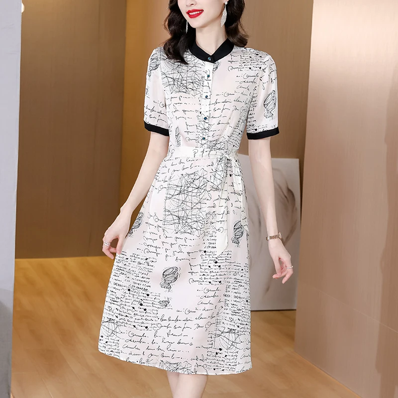 

2023 New Summer Dress Women Fashion Elegant Dresses Silk Lace-up Waist Long Dress for Women Satin A-Line Print White Dress Women