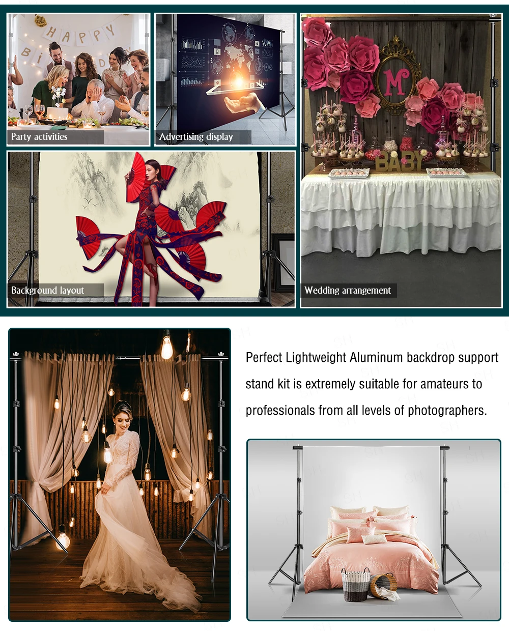 Quadro de Fundo para Fotografia Kits de Sistema de Apoio de Cenário Estúdio de Fotografia Aniversário Suporte de Festa de Casamento m x m 2.4 m Cenário Ajustável - Image 5