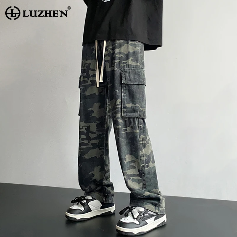 

LUZHEN 2024 Spring New American Camouflage Drawstring Straight Tube Cargo Jeans Men's Fashion Pocket Decorate Denim Pants LZ1055