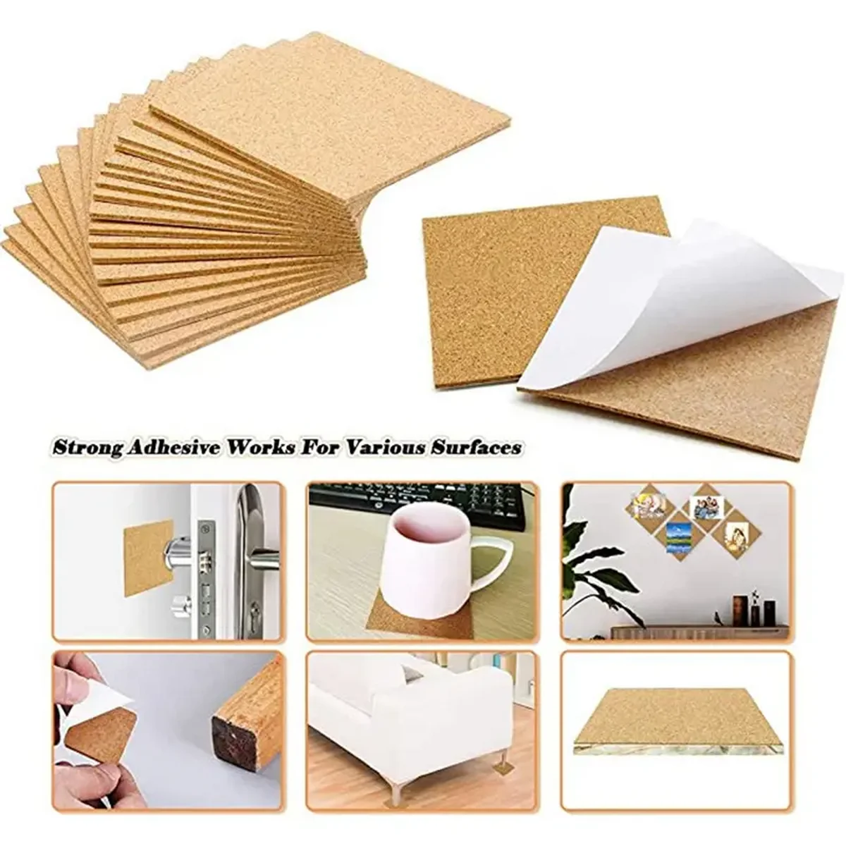 DIY Cut 4x4 inch Self-Adhesive Cork Coasters Square Pads with Strong Adhesive for Office, Home Decoration