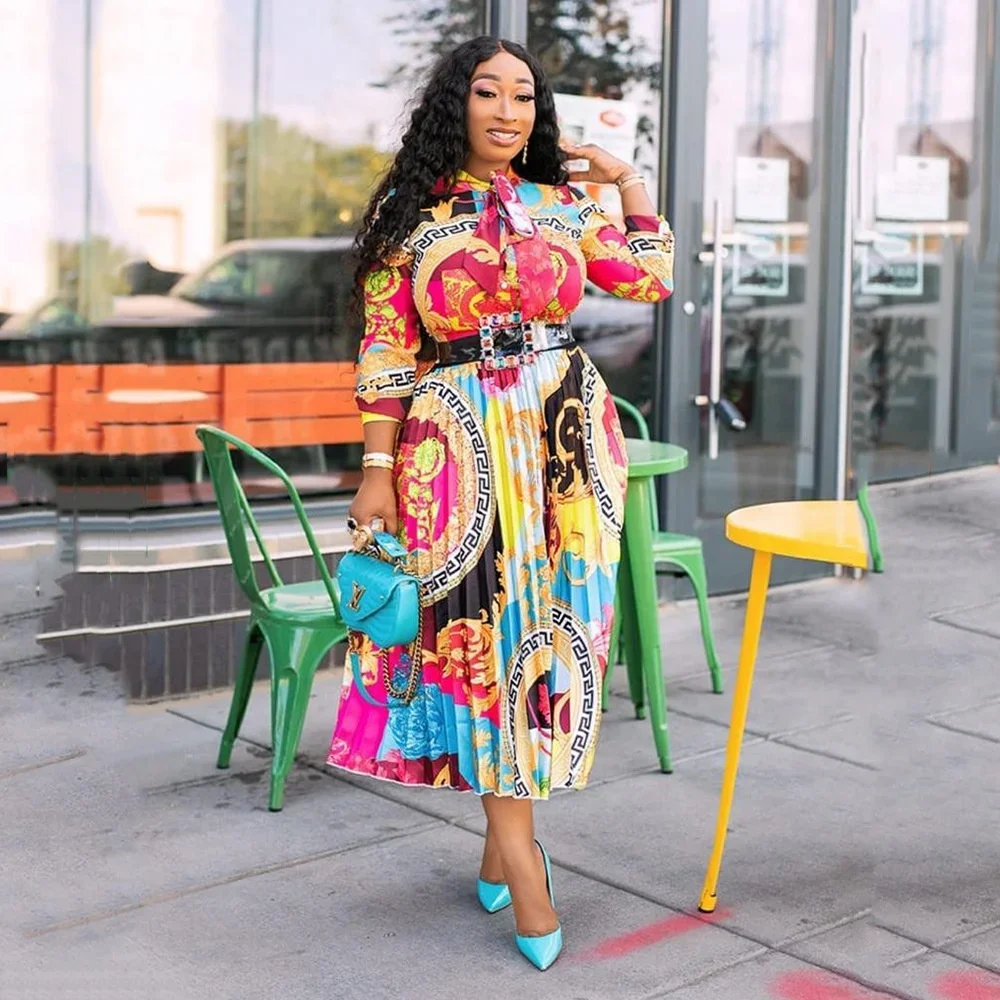 Women Dress 2024 Spring/Summer New Dress Large Women's Art Print Pleated 7/4 Sleeve Length Dress Africa Plus Size Fashion